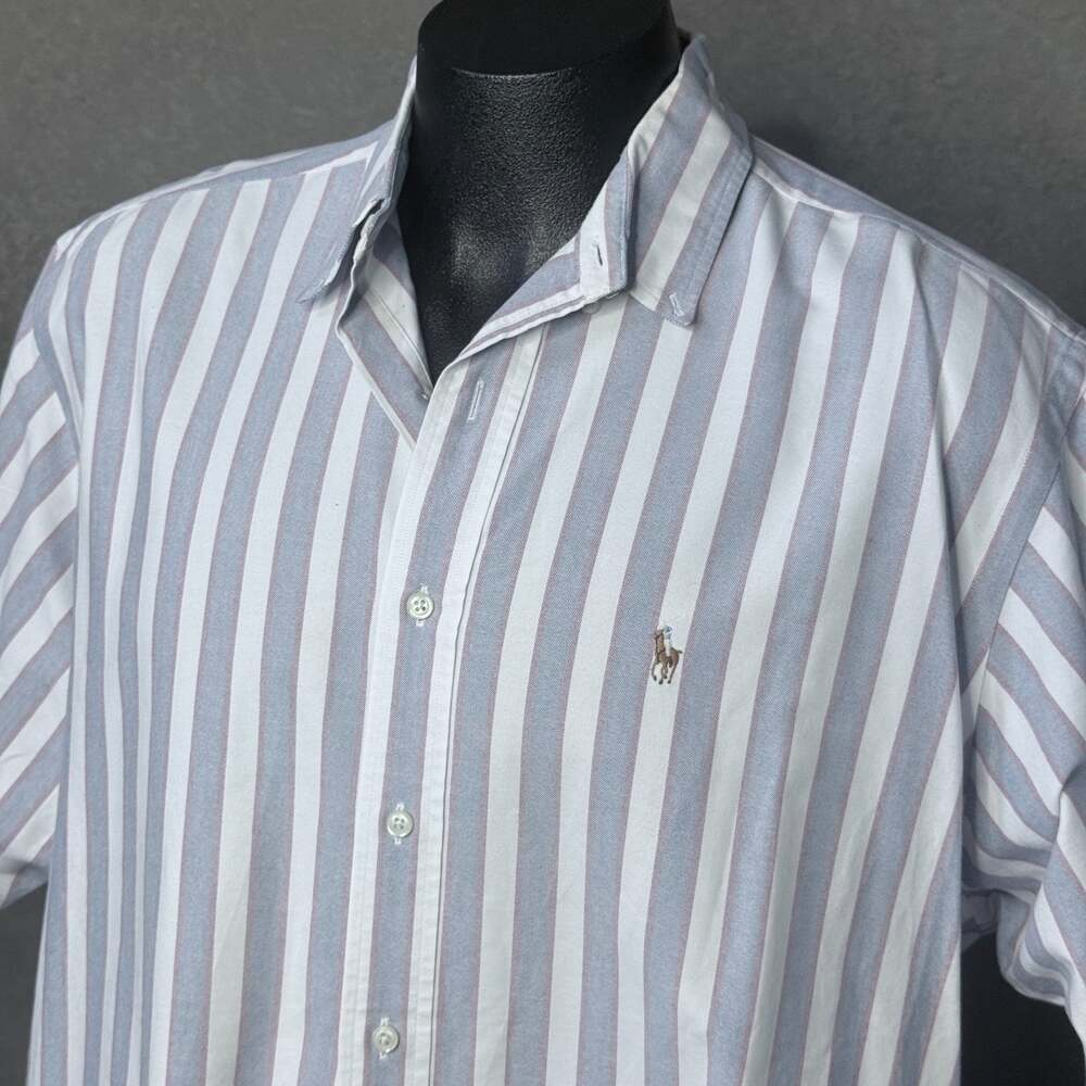 Ralph Lauren Yarmouth Short Sleeve Dress Shirt Mens 17 Blue Gray Stripe Cotton